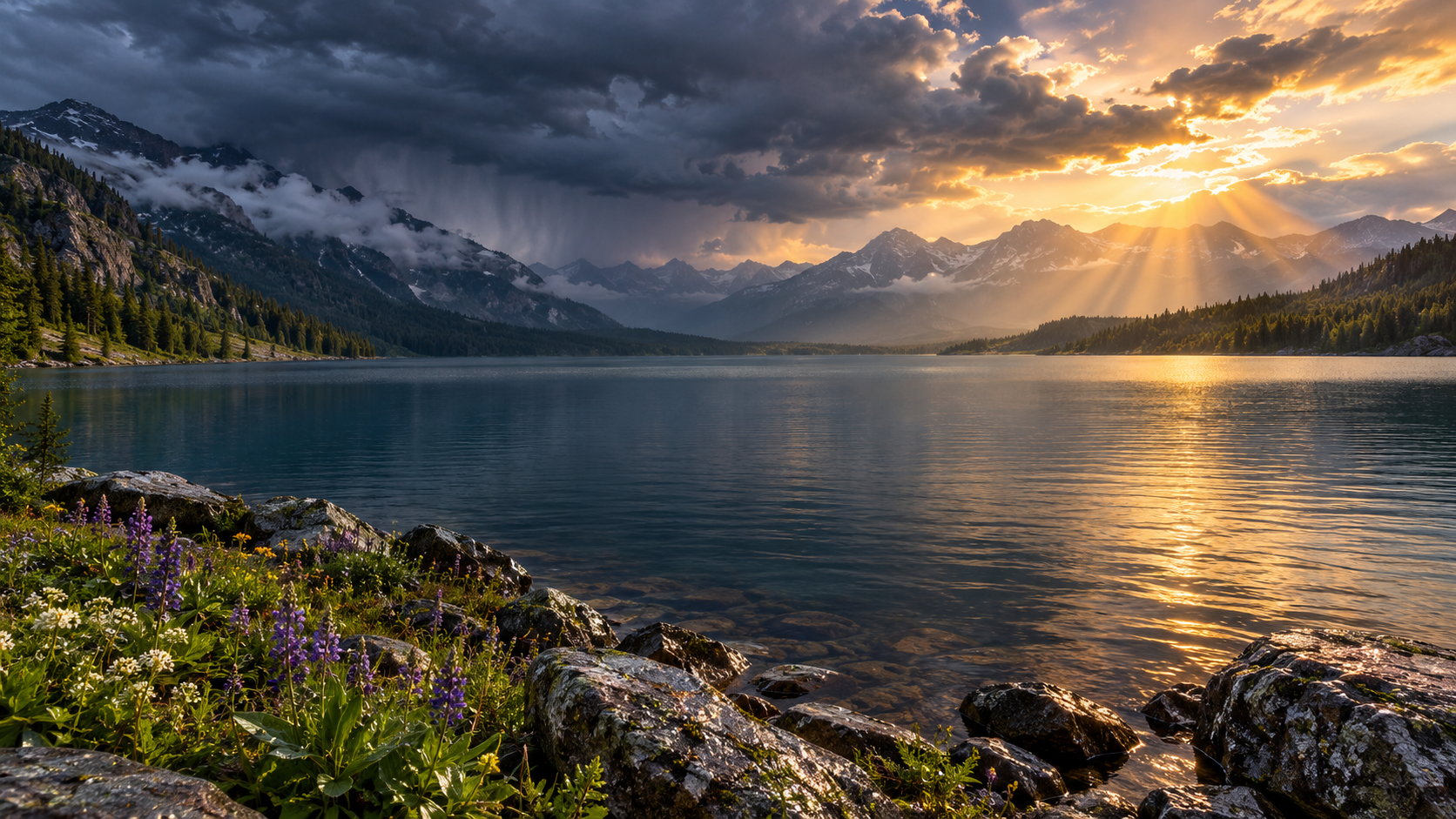 Golden sunbeams break through retreating storm clouds over a calm mountain lake and rain-washed wildflowers