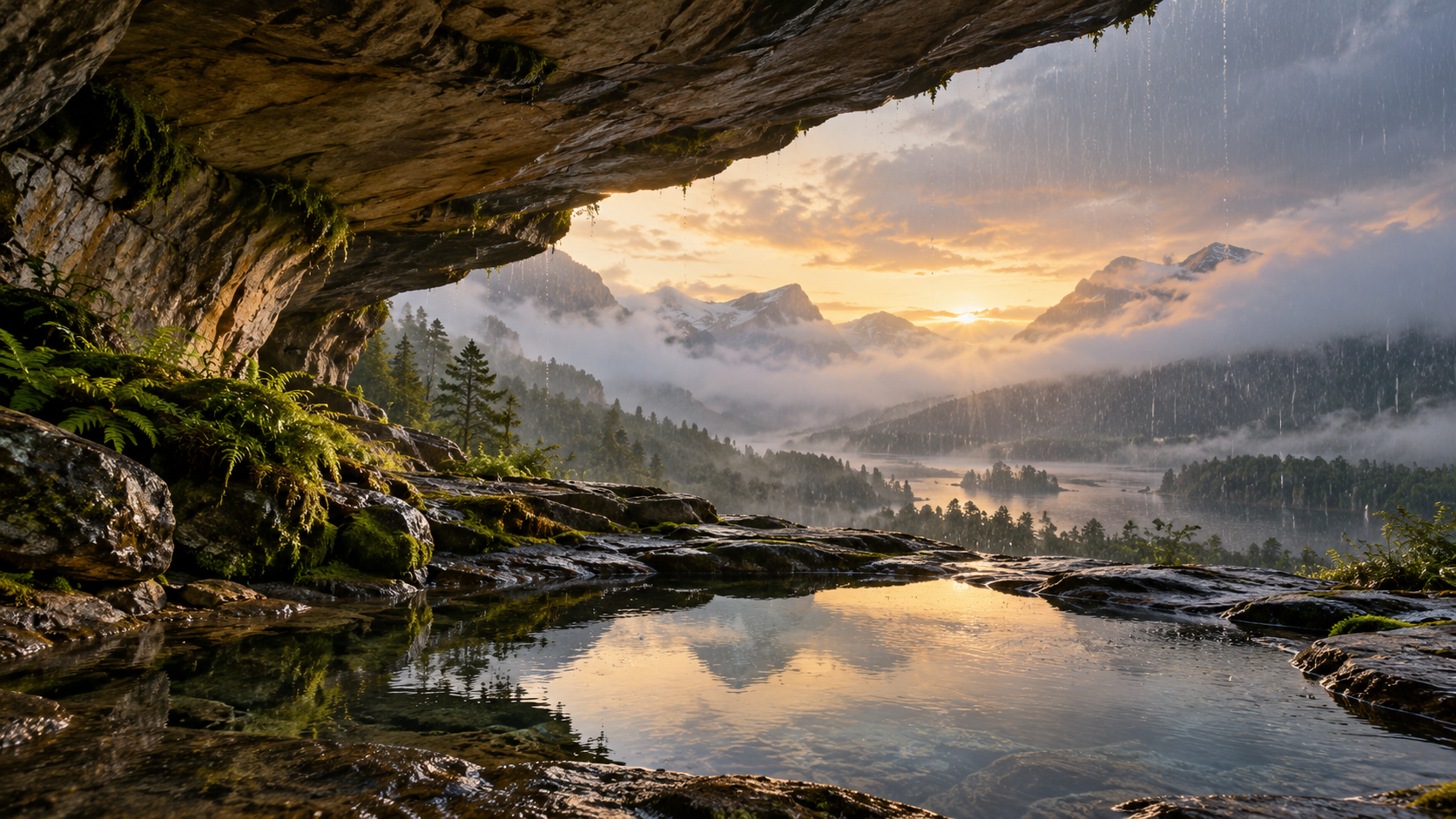 A vast natural rock overhang shelters a quiet reflecting pool overlooking a misty mountain valley at sunrise