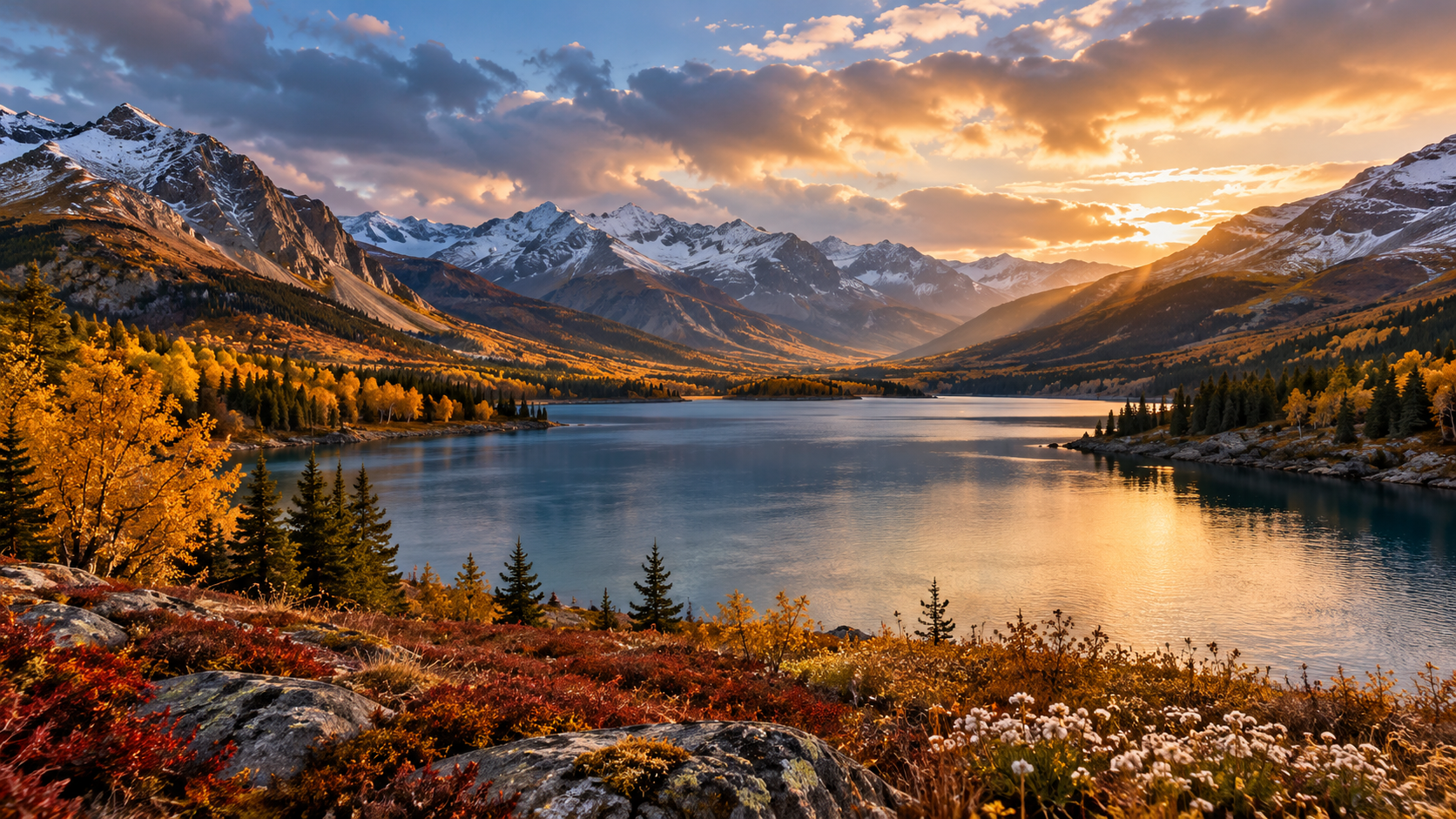 Golden autumn trees surround a calm mountain lake beneath newly snow-dusted peaks in warm evening light